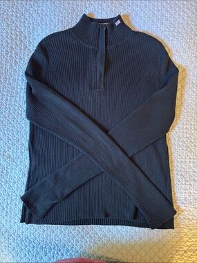 Ralph Lauren Black Ribbed Half-Zip Sweater with Flag Tab